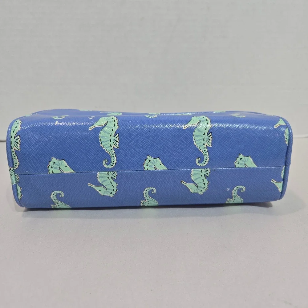 Kate Spade Cosmetic Bag Blue Seahorse Print Saffiano Travel Pouch *see pics